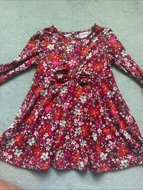 Kids Floral Tie-Front Long Sleeve Dress - Burgundy